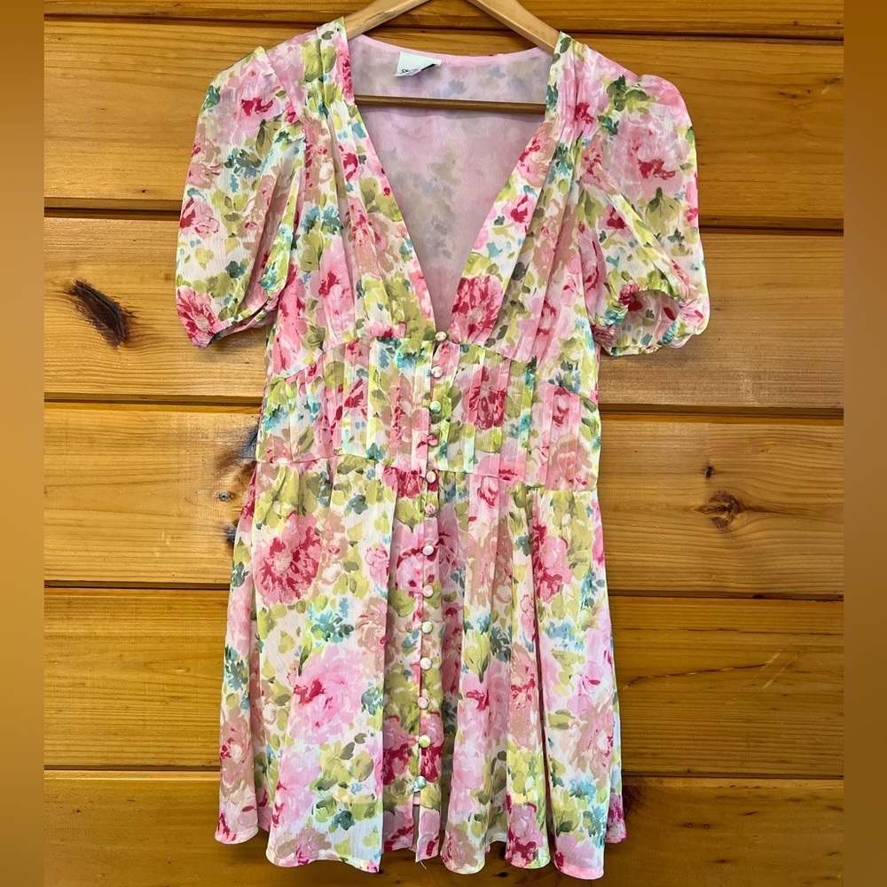 Sky to Moon Pink Floral Coquette Fairy Mini Dress Womens Sz S Babydoll